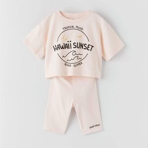 ZARA New 2pc Set Hawaii Sunset Crop Tee Top and Bike Shorts